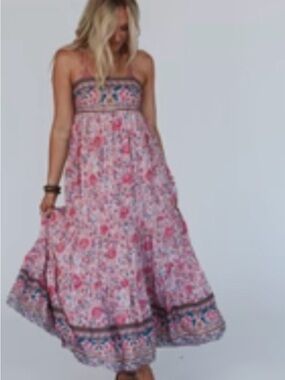 Three Bird Nest Pink Floral Strapless Boho Maxi Dress